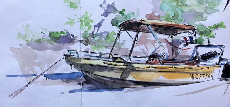 aquarelle-bateau-jaune-bord-de-mer